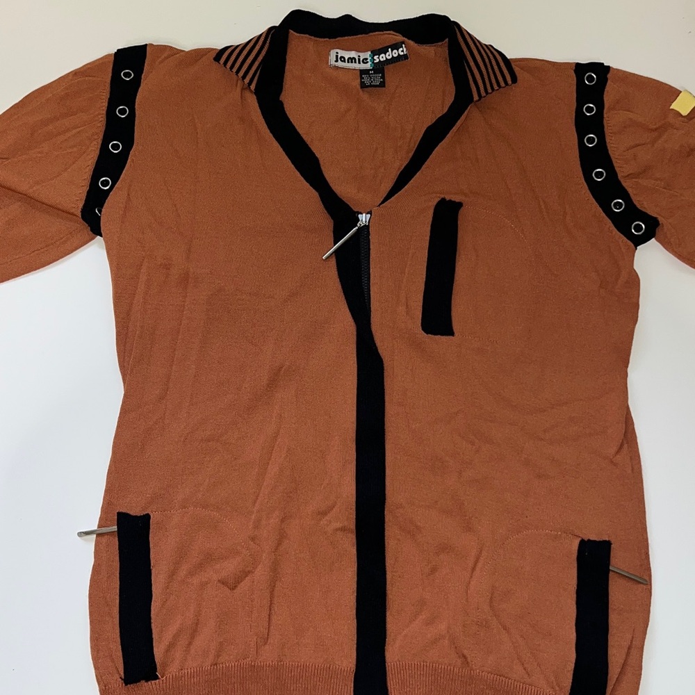 Jamie Sadock Burnt Orange/Brown and Black Striped Collar Blouse.